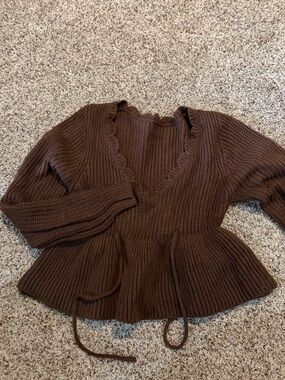 Chocolate Brown Ribbed Knit Peplum Sweater